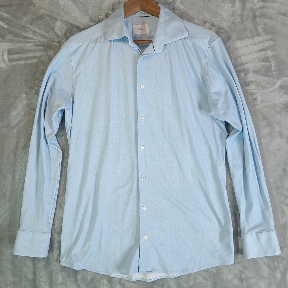 Eton Men 41 Slim 16 Light Blue Signature Twill Cotton Dress Shirt Long Sleeve